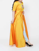 Thread Colorful Embroidered Yellow Silk Slit Maxi Tunic